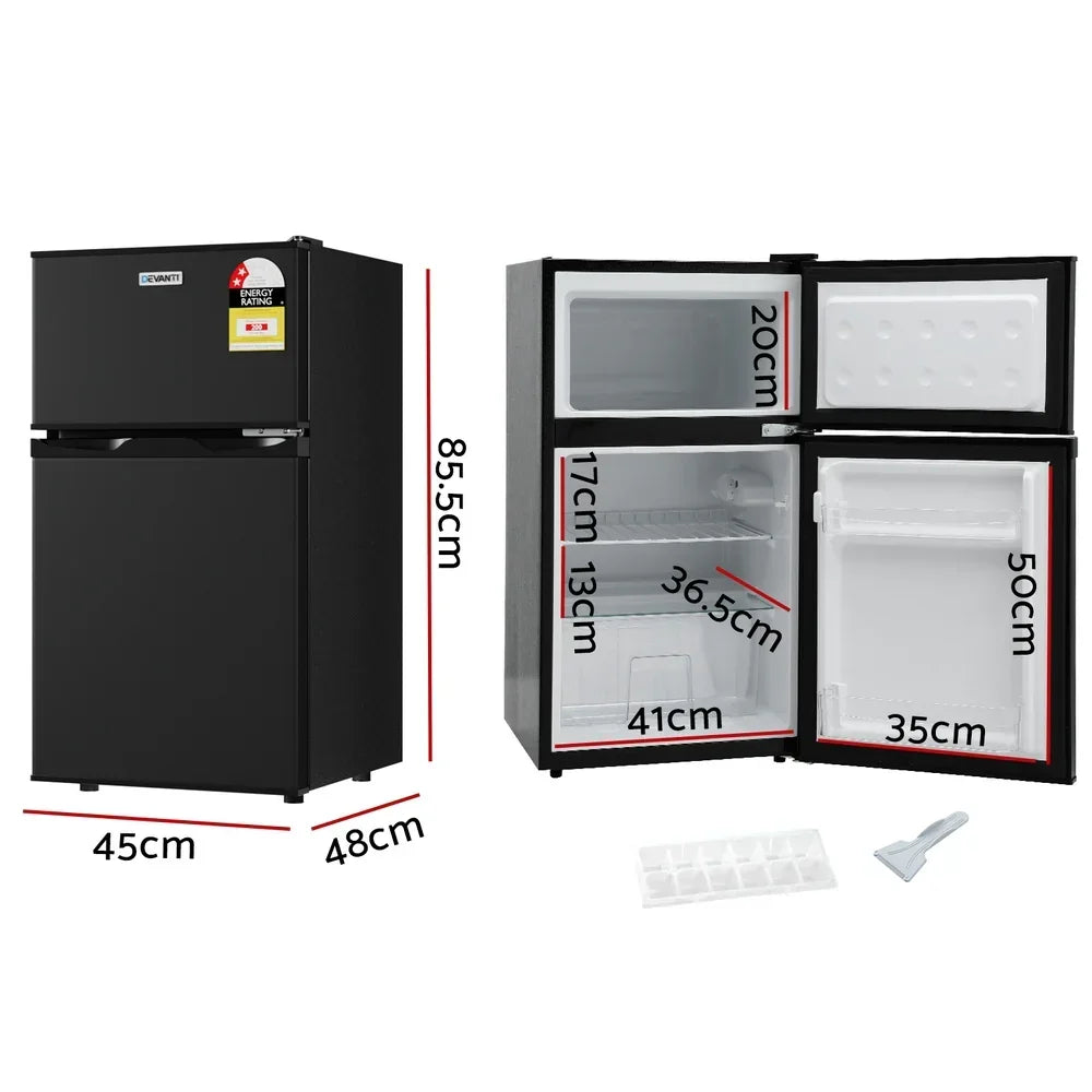 Black double door bar fridge with freezer, open and closed views, showing dimensions and ice tray