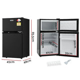Black double door bar fridge with freezer, open and closed views, showing dimensions and ice tray