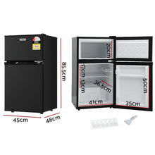 Black double door bar fridge with freezer, open and closed views, showing dimensions and ice tray