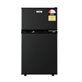 Black two-door bar fridge freezer with energy rating sticker, modern compact design