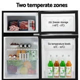 Double door fridge with freezer and fridge zones, food, drinks, and fresh produce inside.