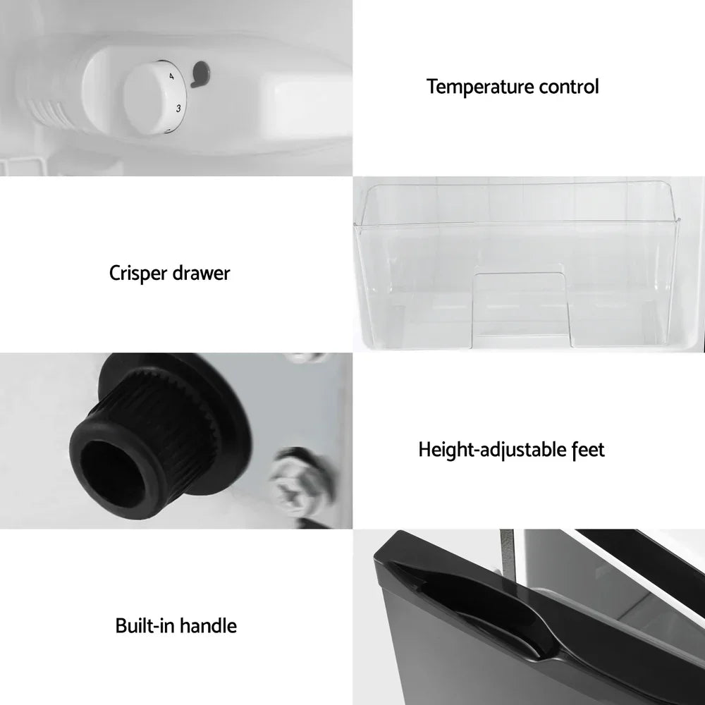 Fridge features collage showing temperature control, crisper drawer, adjustable feet, and built-in handle.