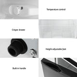 Fridge features collage showing temperature control, crisper drawer, adjustable feet, and built-in handle.