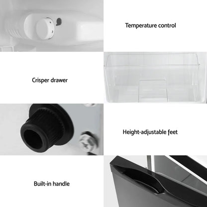 Fridge features collage showing temperature control, crisper drawer, adjustable feet, and built-in handle.