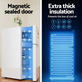 White refrigerator with magnetic sealed door and extra thick insulation features highlighted.