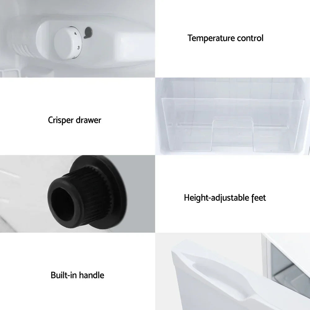 Fridge features including temperature control, crisper drawer, adjustable feet, and built-in handle