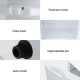 Fridge features including temperature control, crisper drawer, adjustable feet, and built-in handle