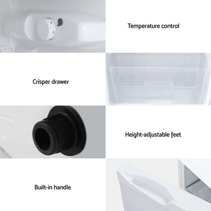 Fridge features including temperature control, crisper drawer, adjustable feet, and built-in handle