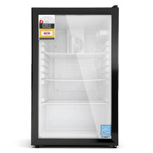 Black single-door glass display fridge with energy rating label and three wire shelves