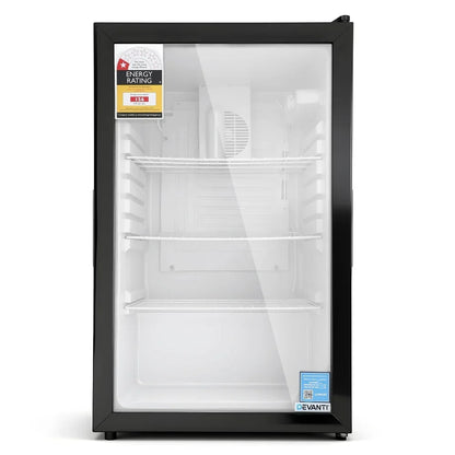 Black single-door glass display fridge with energy rating label and three wire shelves