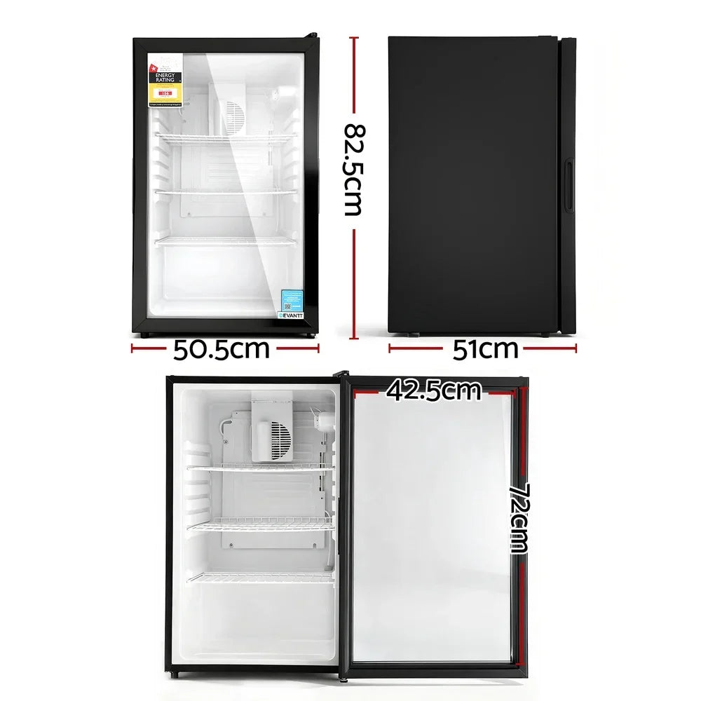 Black glass door bar fridge with adjustable shelves, shown with dimensions labelled in centimeters.