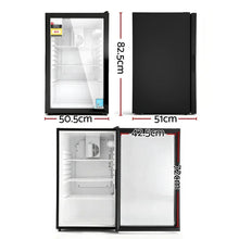 Black glass door bar fridge with adjustable shelves, shown with dimensions labelled in centimeters.
