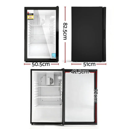 Black glass door bar fridge with adjustable shelves, shown with dimensions labelled in centimeters.