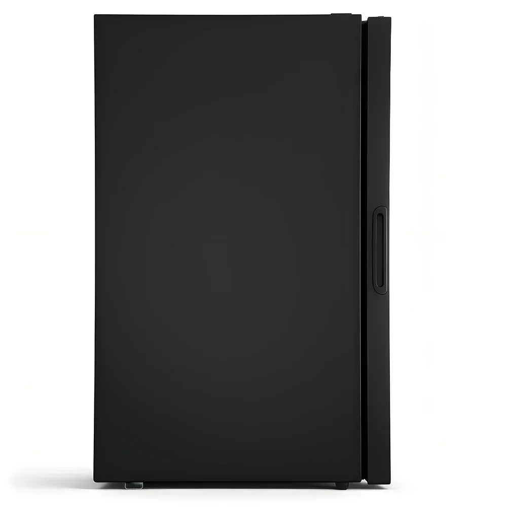 black upright freezer with sleek flat door and handle on white background