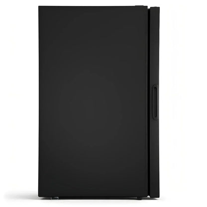 black upright freezer with sleek flat door and handle on white background