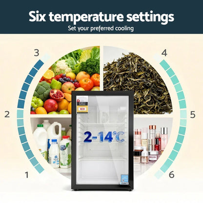 Glass door mini fridge with adjustable temperature, shown with drinks, produce, tea, and cosmetics.