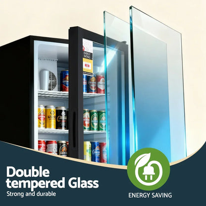 Glass door beverage fridge with double tempered glass and assorted drink cans inside, energy saving