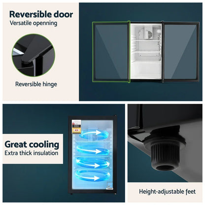 Black bar fridge with reversible door, thick insulation for cooling, and adjustable feet.