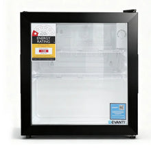 Black glass door mini bar fridge with energy rating label and interior wire shelves