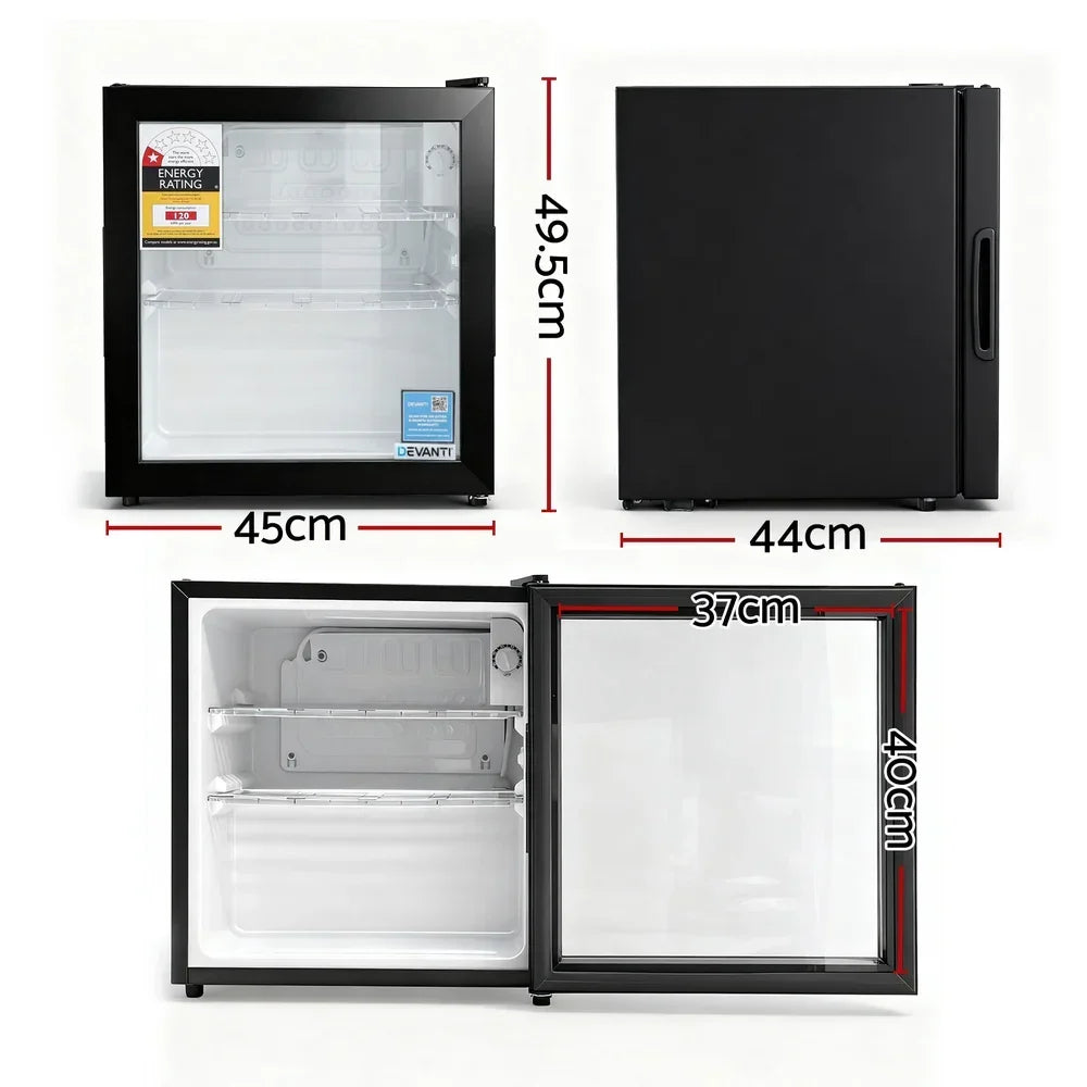 Black mini fridge with glass door, compact dimensions labeled, interior shelves visible