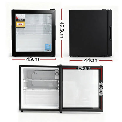 Black mini fridge with glass door, compact dimensions labeled, interior shelves visible