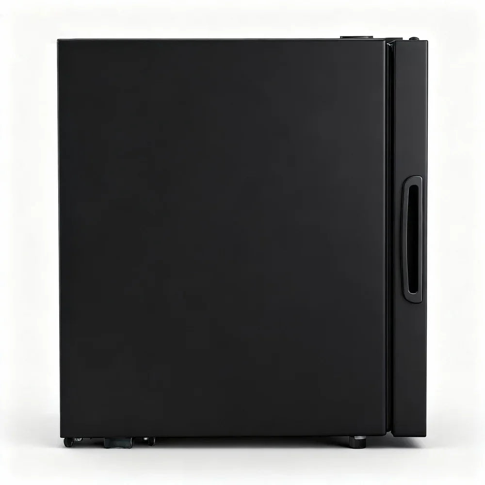 Black bar fridge with side handle, compact and modern design, white background