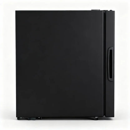 Black bar fridge with side handle, compact and modern design, white background
