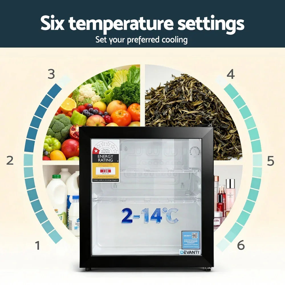 Mini bar fridge with six temperature settings, energy rating, and transparent door, ideal for drinks, skincare, or food storage.