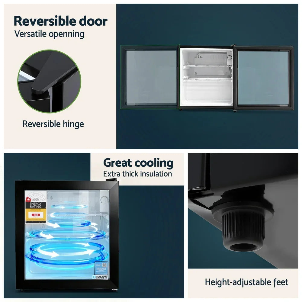 Glass door bar fridge with reversible hinge, thick insulation, adjustable feet, and cooling system