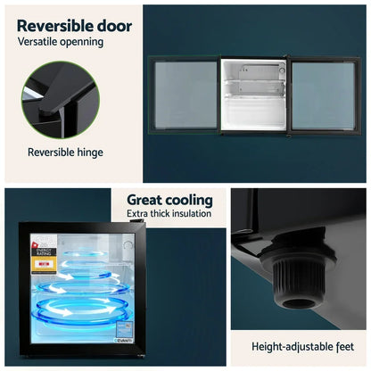Glass door bar fridge with reversible hinge, thick insulation, adjustable feet, and cooling system