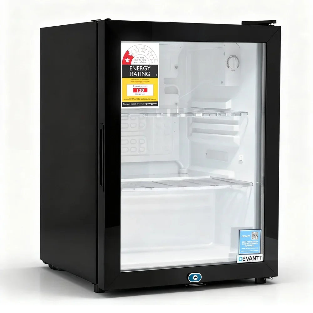Black glass door bar fridge with energy rating label and adjustable wire shelves