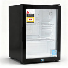 Black glass door bar fridge with energy rating label and adjustable wire shelves