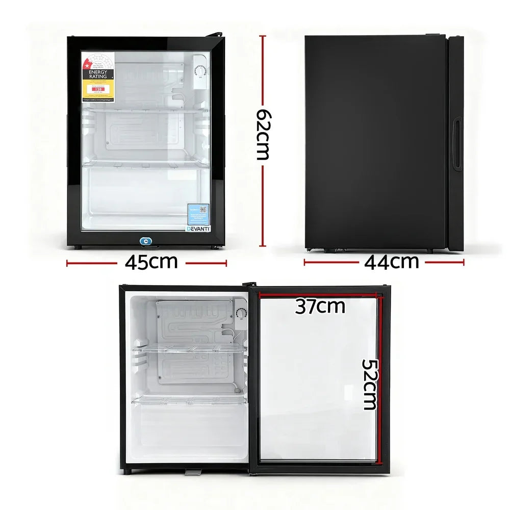 Black mini fridge with glass door, internal shelves, and dimensions shown in centimeters