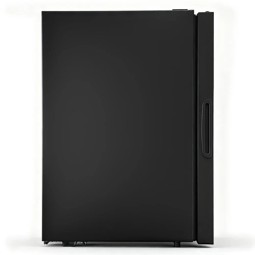 Black upright freezer with side handle on plain white background