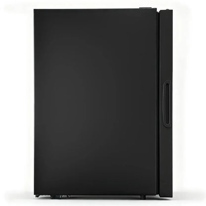 Black upright freezer with side handle on plain white background