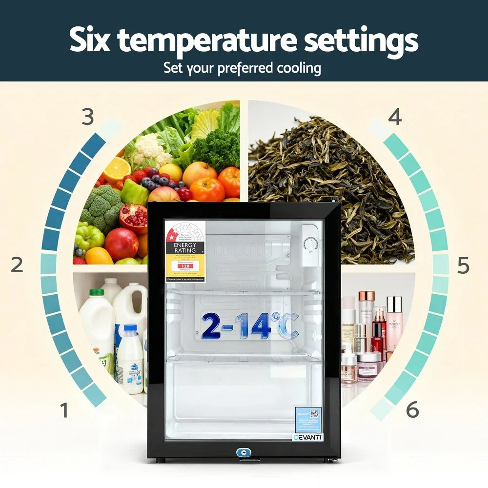 Mini fridge with glass door, digital temperature range 2-14°C, six cooling settings, and compartments for drinks, fruits, skincare and tea.