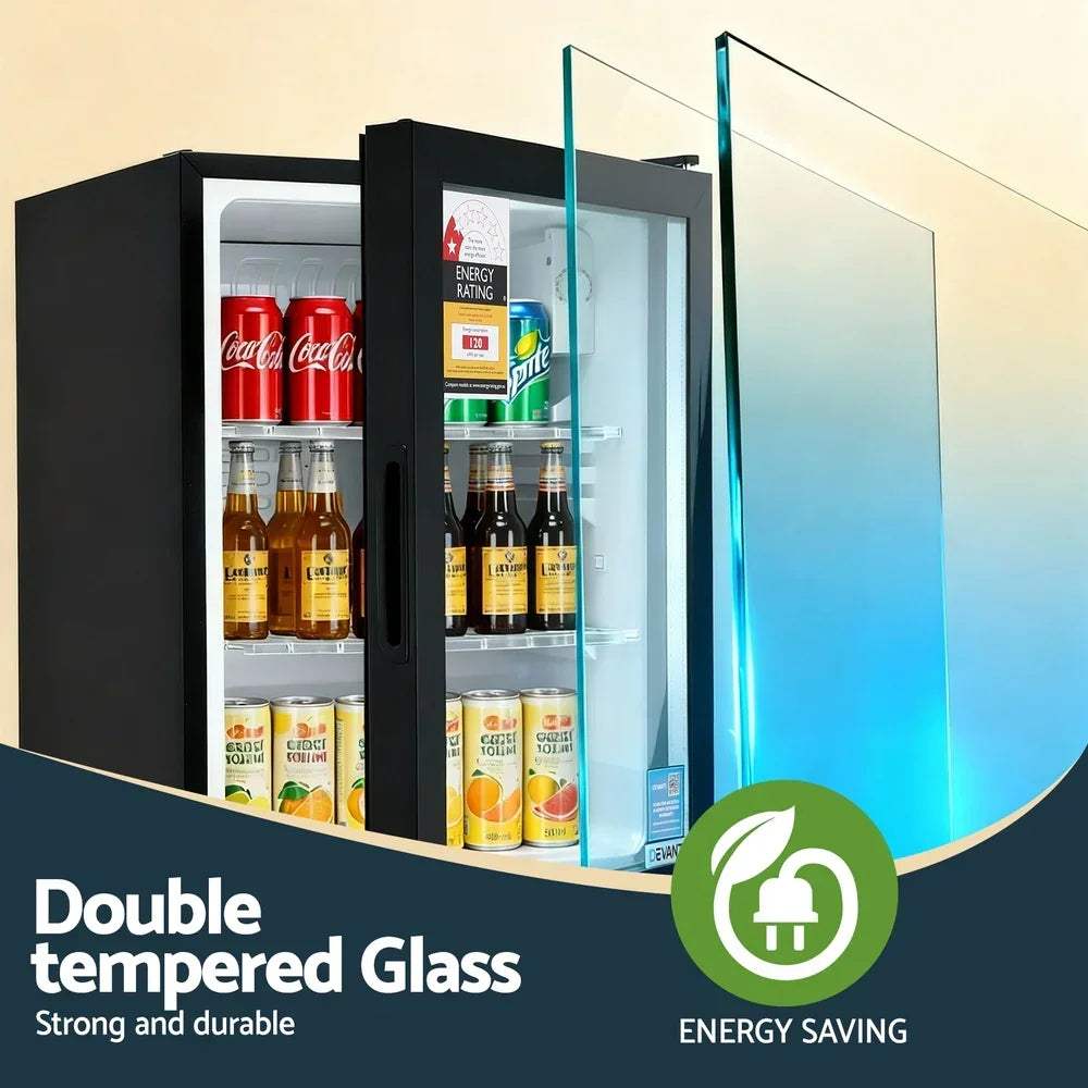 Glass door beverage fridge with double tempered glass, energy rating, and assorted drinks inside.