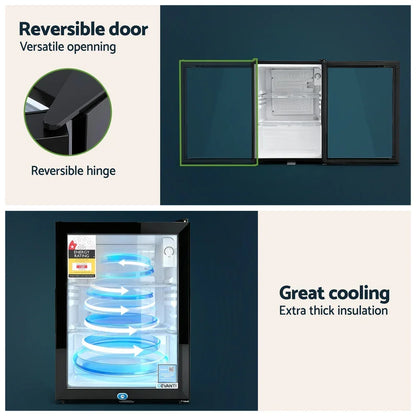 Mini bar fridge with reversible door and thick insulation for great cooling, energy rated.
