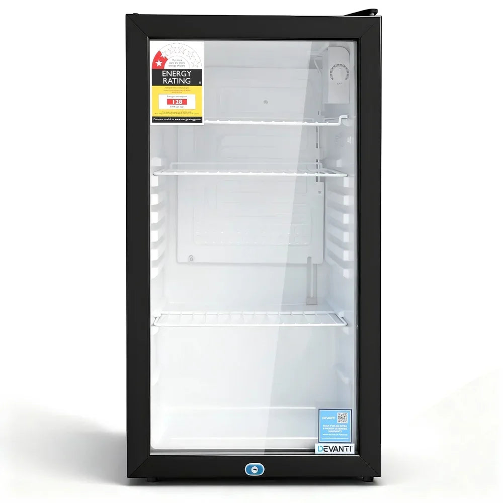 Black glass door mini bar fridge with three wire shelves and energy rating label