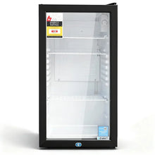 Black glass door mini bar fridge with three wire shelves and energy rating label