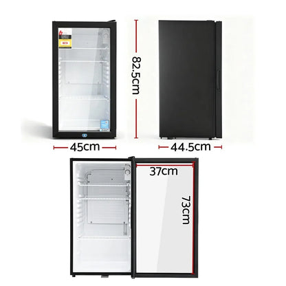 Black glass door bar fridge with dimensions 82.5cm x 45cm x 44.5cm shown open and closed