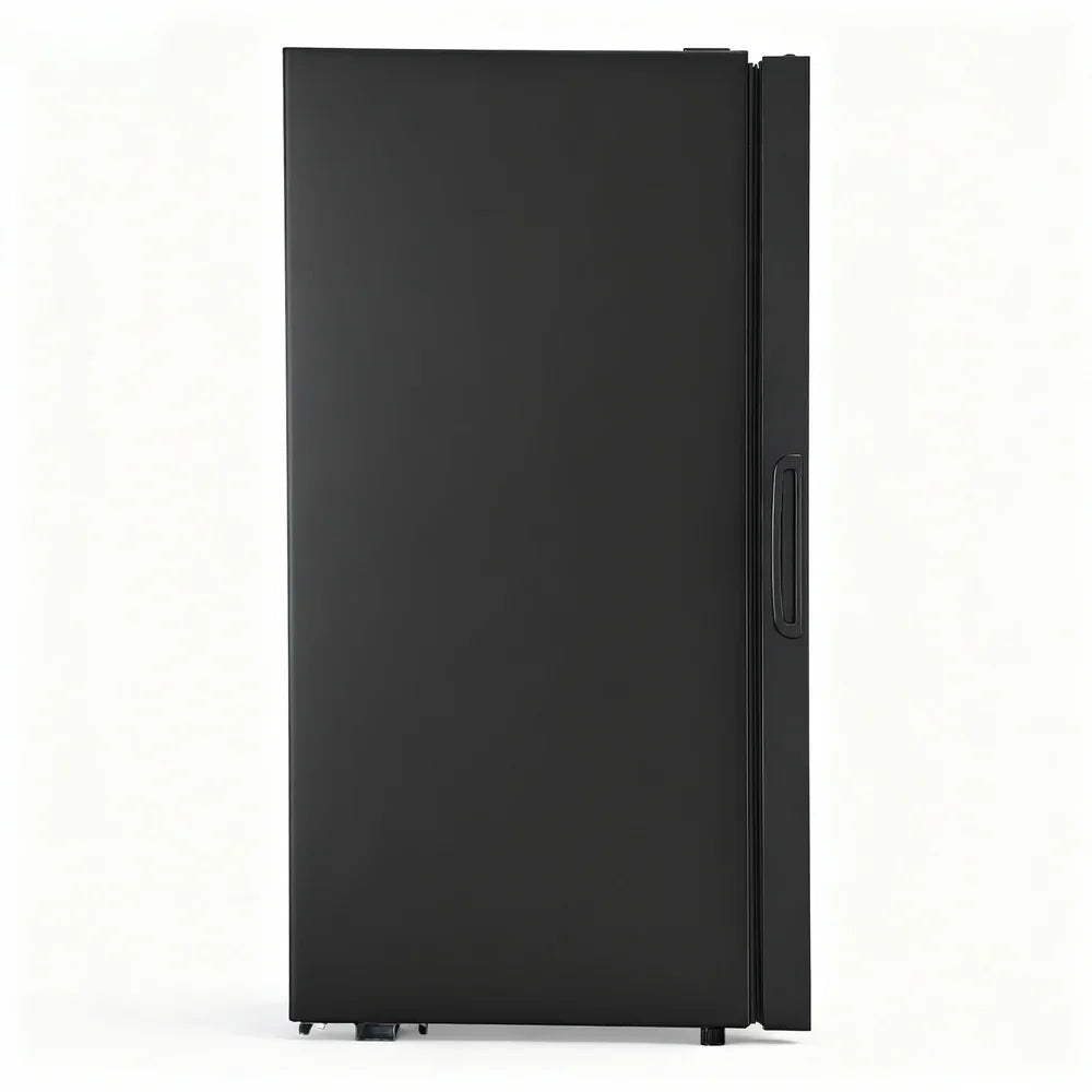 Black upright freezer with sleek handle and modern design against white background