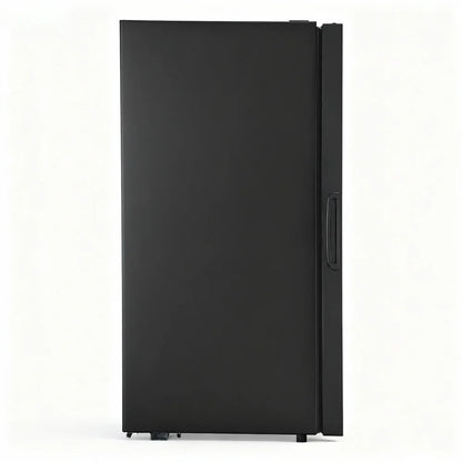 Black upright freezer with sleek handle and modern design against white background