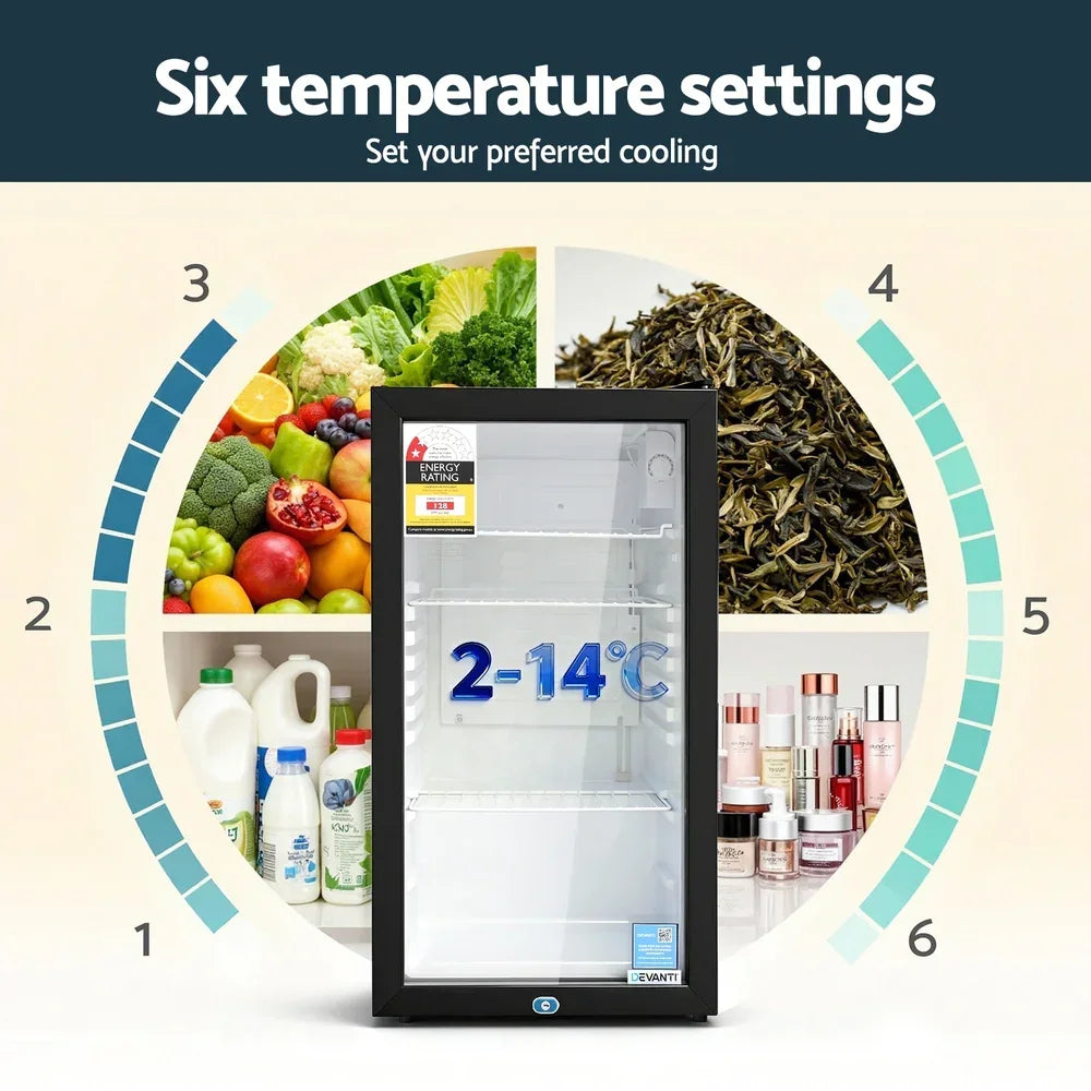 Black glass door mini fridge with 2-14°C temperature range, ideal for drinks, food, skincare.