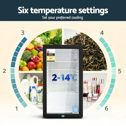 Black glass door mini fridge with 2-14°C temperature range, ideal for drinks, food, skincare.