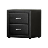 Black two-drawer bedside table with modern metal handles on white background