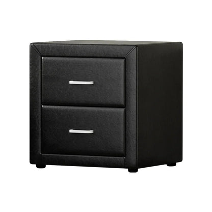 Black two-drawer bedside table with modern metal handles on white background