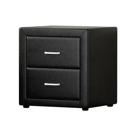 Black two-drawer bedside table with modern metal handles on white background