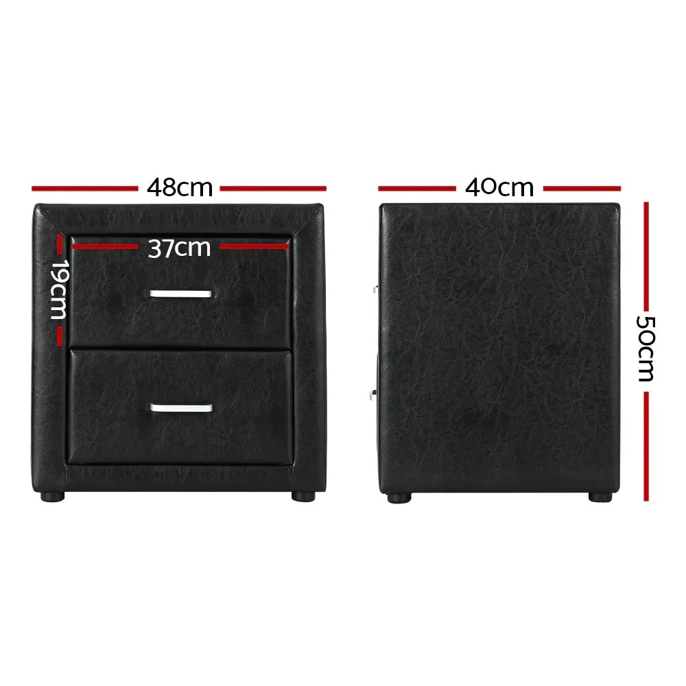 Black two-drawer bedside table with dimensions labeled, modern faux leather finish.
