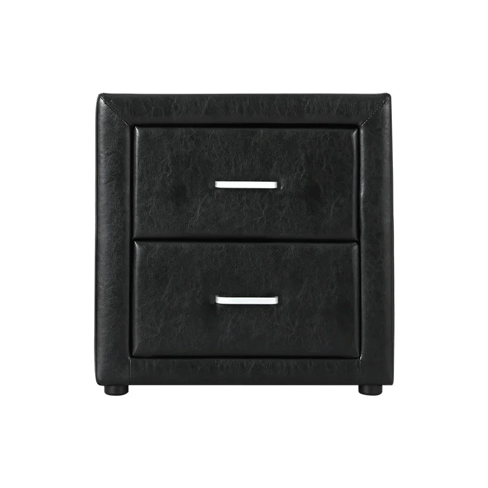 Black faux leather two-drawer bedside table with silver handles, modern bedroom furniture